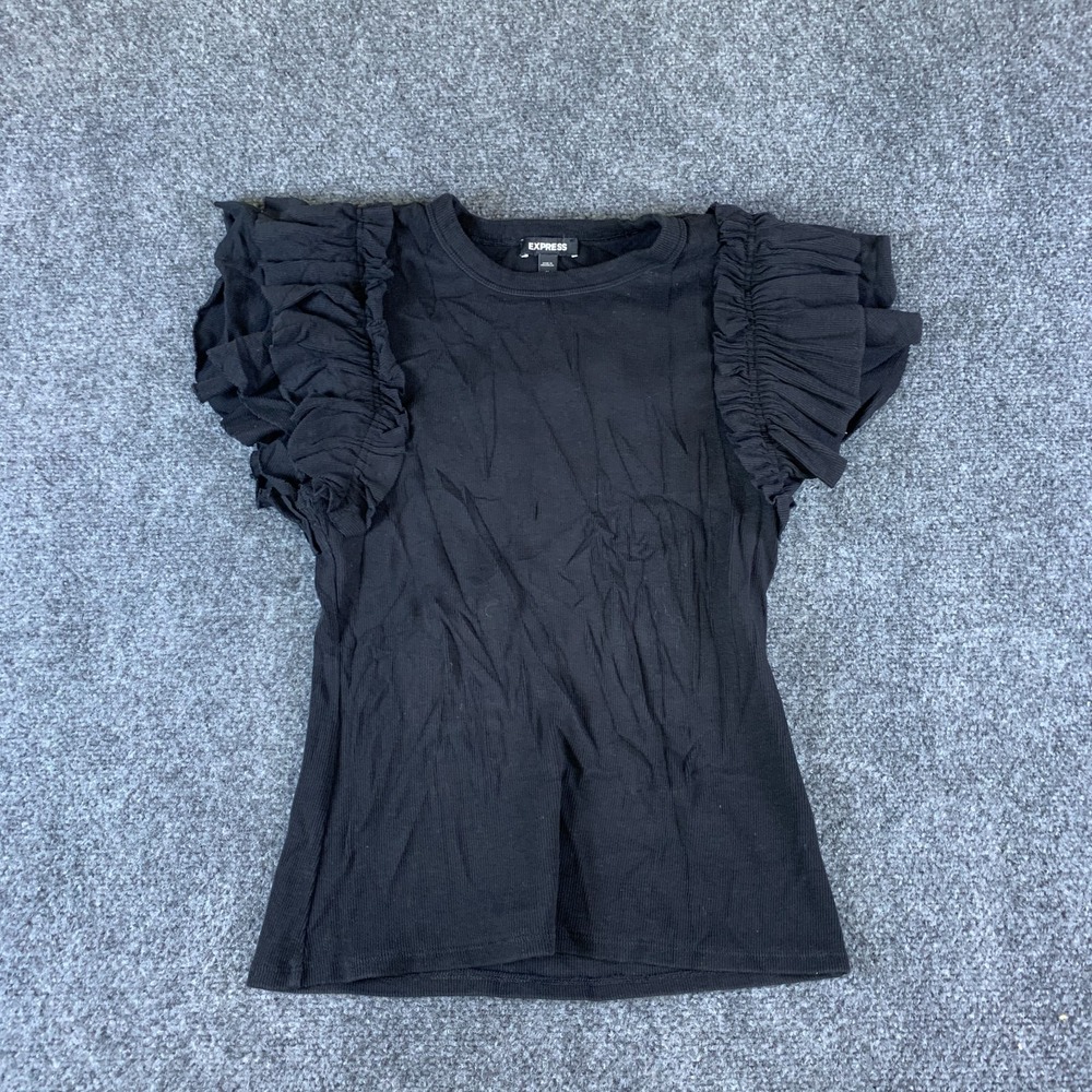 Express Top Womens Black Ribbed Knit Ruffle Flutter Sleeve Cotton Stretch Casual